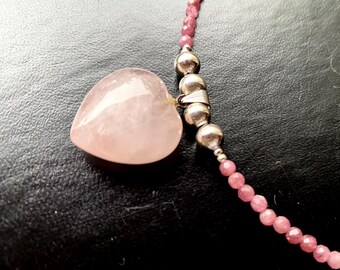 Rose Quartz Heart Pendant Necklace: Ruby Pink or Pale Pink Crystal Beads