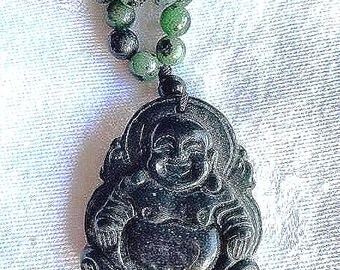 BUDDHA AMULET NECKLACE Black-Green Jade on Ruby-Zoisite Beads