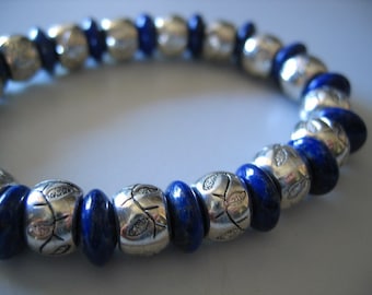 LAPIS LAZULI Dark Blue and SILVER Beads Stretch Bracelet
