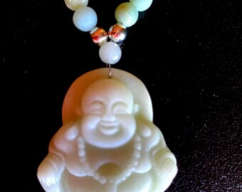 HAPPY BUDDHA Pale Green JADE Stone Handcarved Amulet on Calcite Multi Green Colored Beads