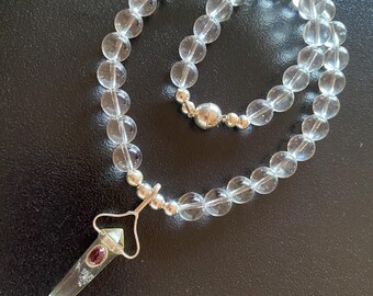 CLEAR QUARTZ CRYSTAL Necklace with Pointed Pendant and Moonstone Cabochon