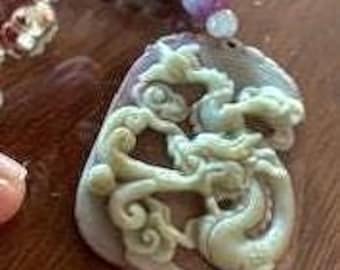 DRAGON ENERGY AMULET Hand-Carved Purple-Green Jade Necklace