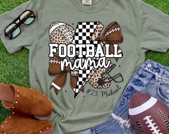 Custom Football Mama Shirt, Personalized Football Mom Tee, Football Mom Name Number Shirt, Leopard Football Shirt, Game Day Mom Gift Tee