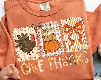Coquette Give Thanks PNG Thanksgiving Hand Drawn Doodle Whimsical Three Frames Bow Preppy Brush Stroke Fall Retro Trendy Sublimation 2025