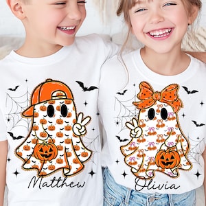 Personalized Halloween Ghost PNG, Spooky Season PNG, Boy Girl Halloween PNG, Trendy Png, Ball Cap, Bow, Hand Drawn, Pumpkin Cherries