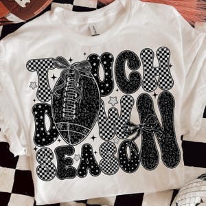 Game Day Design, Touchdown Season PNG, Black White Game Day Shirt Design, Checkered Star Football PNG, Retro Sports Sublimation Download