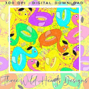 Può includere: Download digitale con un motivo luminoso di galleggianti fenicotteri gialli, verdi, arancioni, rosa, viola e blu. Il design include il testo "Three Wild Hearts Designs" e "300 DPI DIGITAL DOWNLOAD".