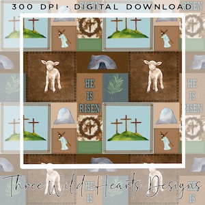 Könnte beinhalten: Digitaler Download mit einem sich wiederholenden Muster religiöser Bilder. Das Design umfasst Kreuze auf Hügeln, ein Lamm, den Text "He Is Risen", ein Grab und eine Figur, die ein Kreuz trägt. Der Hintergrund ist eine Mischung aus braunen, blauen und grünen Quadraten.