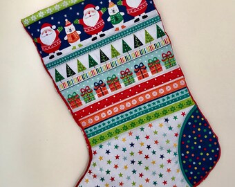 Christmas Stocking Quilted Santa, Stars, Presents and Trees