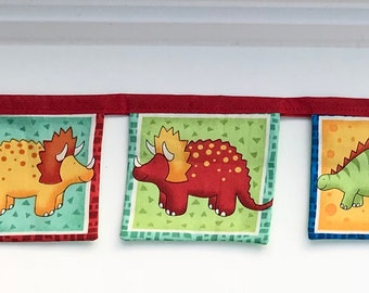 Dinosaur Bunting Stegosaurus Red  Orange Green Banner 9 Square Flags