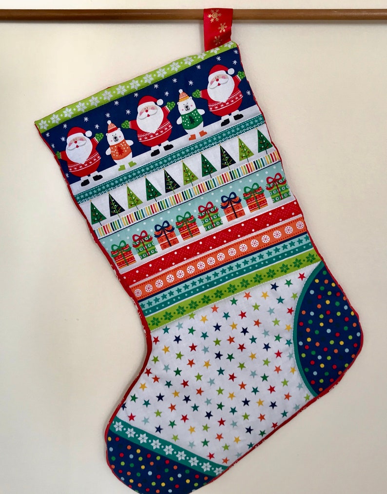 Christmas Stocking Quilted Santa, Stars, Presents and Trees image 1