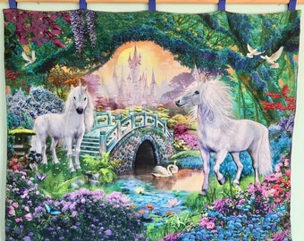 Unicorn Fairy Castle Garden Pink Large Quilted Wall Hanging Purple Enchanted Forest