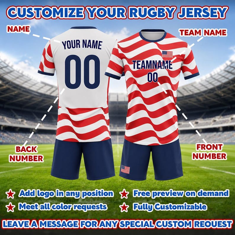May include: Customizable rugby jersey with red and white striped design, blue shorts, and the text "YOUR NAME" and "TEAMNAME". Includes the number "00" on the front and back. The image also includes the text "Add logo in any position" and "Fully Customizable".