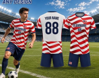May include: A soccer uniform set featuring a red and white striped jersey and navy blue shorts. The jersey includes the text "TEAMNAME 88" and a small American flag. The words "CUSTOM ANY DESIGN" are at the top.