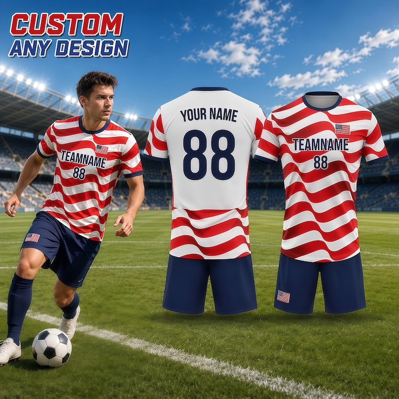 May include: A soccer uniform set featuring a red and white striped jersey and navy blue shorts. The jersey includes the text "TEAMNAME 88" and a small American flag. The words "CUSTOM ANY DESIGN" are at the top.