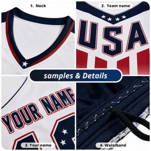 May include: Close-up of a white athletic jersey with navy and red accents. The jersey features the text "USA" and "YOUR NAME". Details include a V-neck, star embellishments, and a drawstring waistband. The image also includes the text "samples & Details".