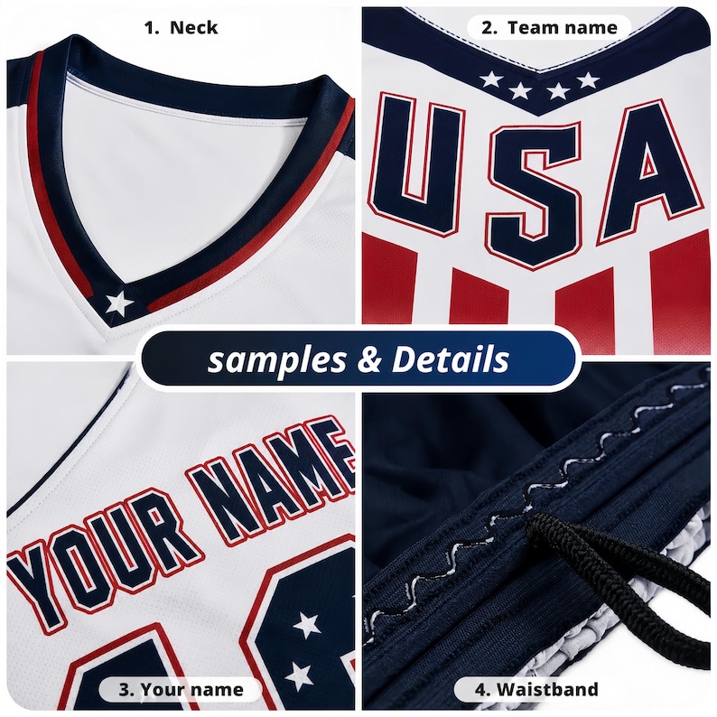 May include: Close-up of a white athletic jersey with navy and red accents. The jersey features the text "USA" and "YOUR NAME". Details include a V-neck, star embellishments, and a drawstring waistband. The image also includes the text "samples & Details".
