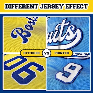 May include: Image comparing stitched and printed jersey effects. The top left shows "Boston" in blue on yellow, the top right shows "Nuts" in white and blue on light blue. The bottom shows a number 96 and 9 in blue.