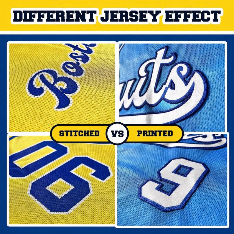 May include: Image comparing stitched and printed jersey effects. The top left shows "Boston" in blue on yellow, the top right shows "Nuts" in white and blue on light blue. The bottom shows a number 96 and 9 in blue.