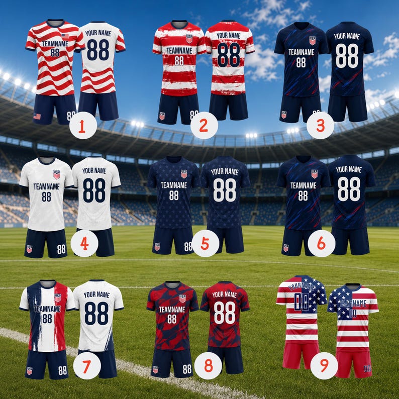 May include: Nine soccer jerseys are displayed, showcasing various designs. The jerseys feature red, white, and navy blue color schemes. Each jersey includes a team name, the number 88, and space for a personalized name. The jerseys are paired with matching shorts.