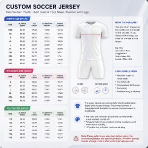 May include: Custom soccer jersey size chart with measurements in inches for men, women, and youth. Includes chest, outside seam, and pants length. Care instructions and measurement tips are also provided.