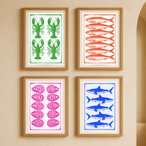 Coastal Kitchen Wall Art – Retro Ocean-Inspired Print Bundle, Digital Download Decor with Oysters, Sardines, Lobsters & Sharks