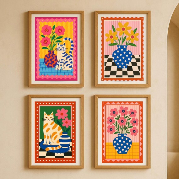 Dopamine Art Print Set: Whimsical Cats & Yellow Flowers (Digital Download)