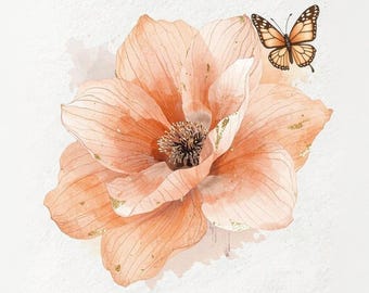 May include: Watercolor illustration of a large peach-colored flower with gold accents and a butterfly. The flower has multiple petals with detailed veining. The butterfly is orange and brown with a detailed wing pattern. The background is white.