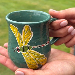 Hand Painted Dragonfly Mug | Green Stoneware Coffee Cup | Made Once, Never Reproduced