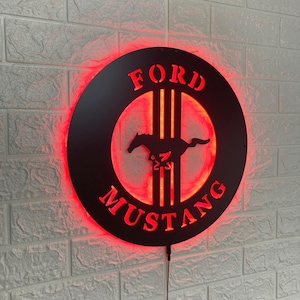 Ford Mustang Red LED Sign, Illuminated Car Logo Wall Art for Garage Office Man Cave or Studio, Muscle Car Lover Gift Idea