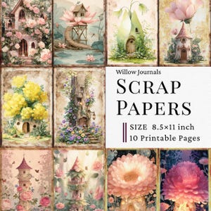Fairy's Flower House Junk Journal Pages, Vintage Folio, Papier do scrapbookingu, Podkład, Do druku, 10-stronicowy cyfrowy download