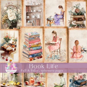 Book Girlie Junk Journal Kit, cottagecore girl clipart, Watercolor Girls Folios, Ephemera, Scrapbooking, Printable Paper, Instant Download