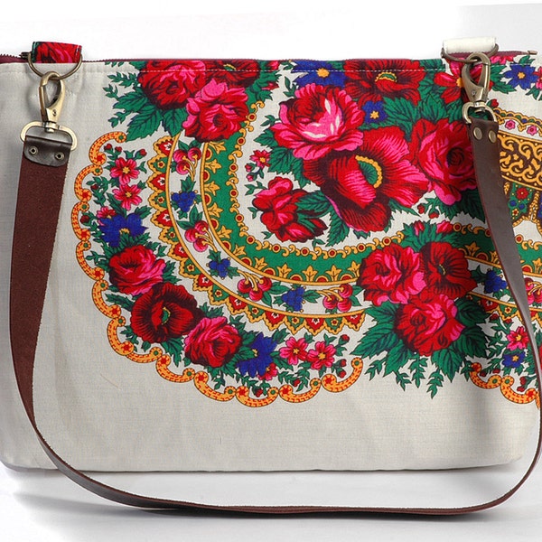 Laptop Bag, Fabric Laptop bag, 15 inch, 17 inch, Leather Shoulder strap, White  Floral