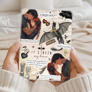 May include: A phone case featuring illustrations of a couple embracing, a dragon, and various quotes. The case has a beige background with black text and decorative elements. The text includes "It's been my honor" and "Violence."