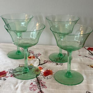 Vintage Uranium Glass Sherbet/Champagne Coupes, Set of 4, Glows under UV