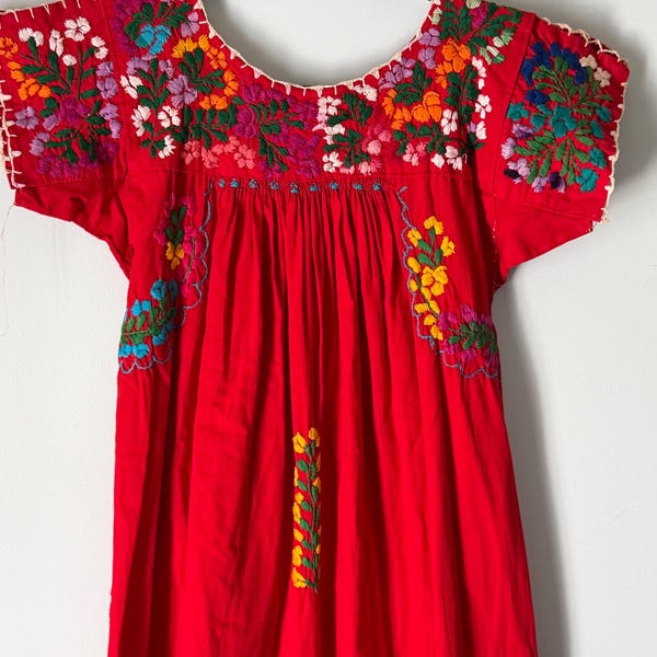 Vintage Red Mexican Embroidered Maxi Dress: Hand-Embroidered Floral Yoke, Boho Style