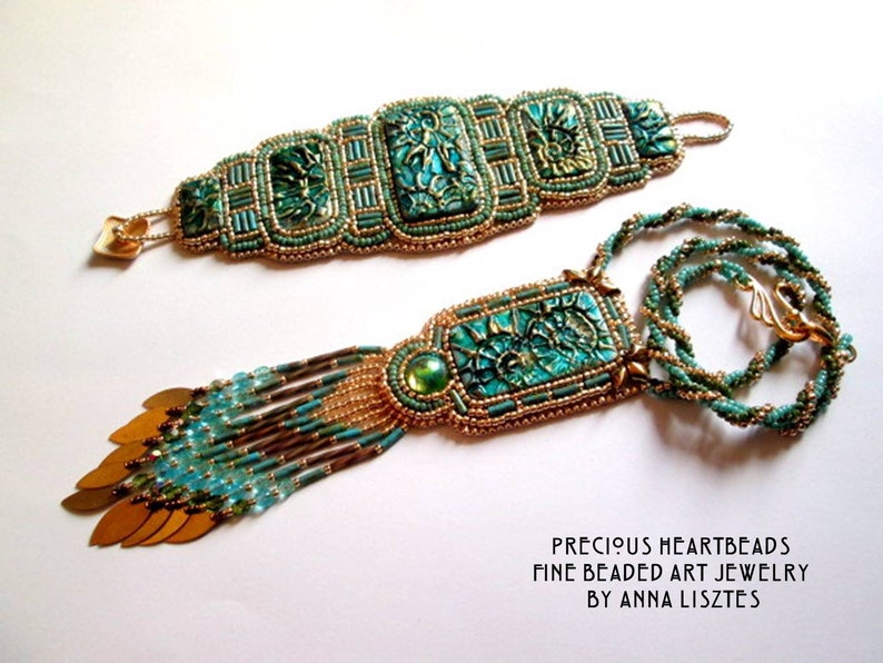 Sparkling Spirals Bead Embroidery Set KIT DIY limited edition Turquoise Teal Gold Bracelet+Necklace