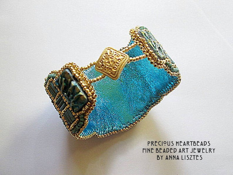 Sparkling Spirals Bead Embroidery Bracelet Cuff KIT DIY limited edition Turquoise Teal Gold image 4