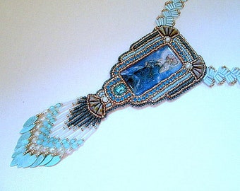 Mucha La Luna- Art Nouveau Bead Embroidery Necklace Kit- silver/blue