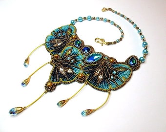 Gingko Blue/Gold - DIY KIT Tutorial Bead embroidery, Instructions and materials Necklace Kit Teal/Turquoise
