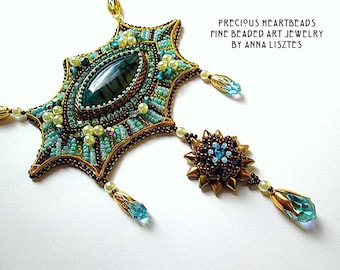 KIT - DIY Bead Embroidery Necklace - Beading Pattern (Instruction and Materials) - Sunny Skies - turquoise gold