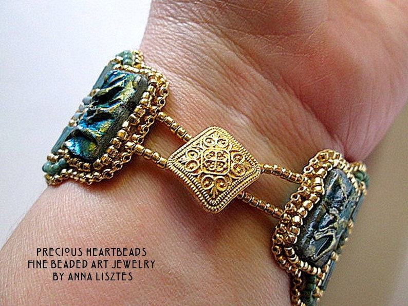 Sparkling Spirals Bead Embroidery Bracelet Cuff KIT DIY limited edition Turquoise Teal Gold image 7