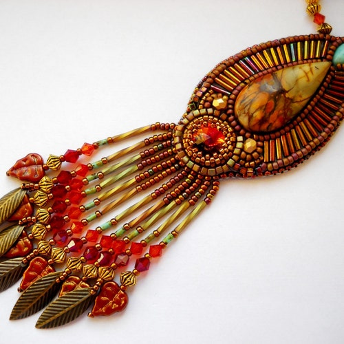 Autumn burning deals leaves Bead Embroidery Necklace Gold - orange Bead Embroidered picasso jasper - Made to Order