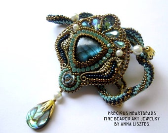 KIT - DIY Bead Embroidery Necklace - Beading Pattern (Instruction and Materials) - Treasure of the Sea Labradorite Necklace Teal