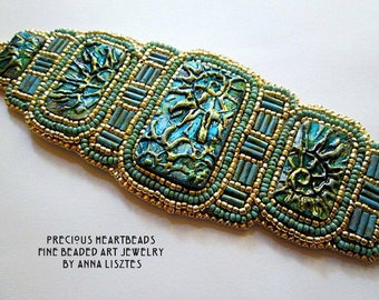 Sparkling Spirals Bead Embroidery Bracelet Cuff - KIT - DIY (limited edition) - Turquoise Teal Gold