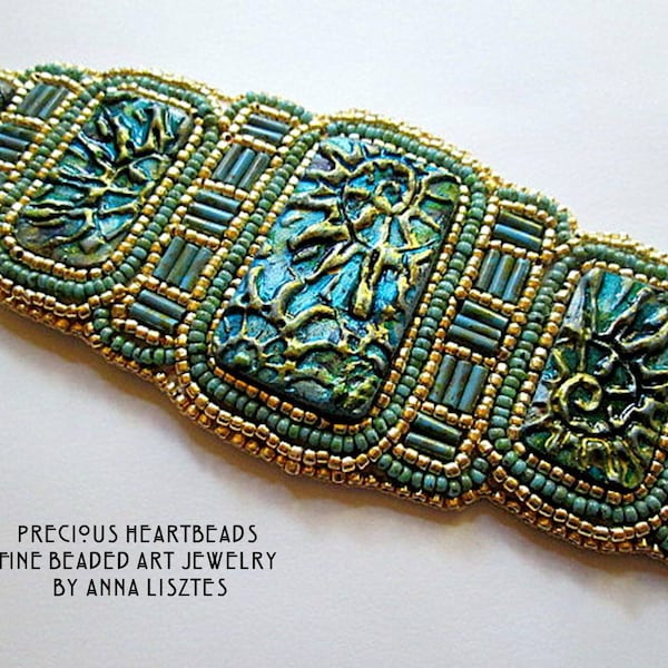 Funkelnde Spiralen Bead Embroidery Armband Manschette - KIT - DIY (limitierte Auflage) - Türkis Teal Gold