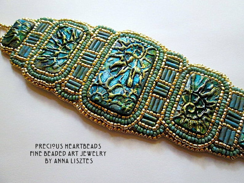 Sparkling Spirals Bead Embroidery Bracelet Cuff KIT DIY limited edition Turquoise Teal Gold image 1