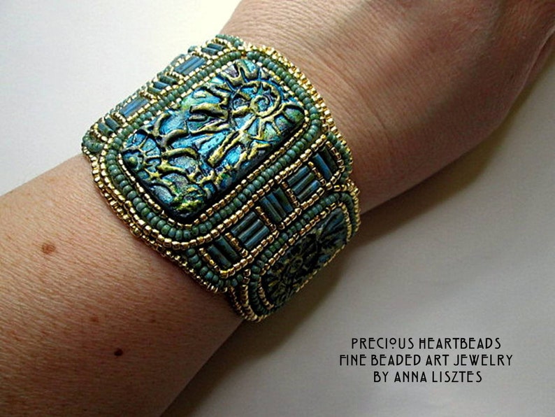 Sparkling Spirals Bead Embroidery Bracelet Cuff KIT DIY limited edition Turquoise Teal Gold image 8