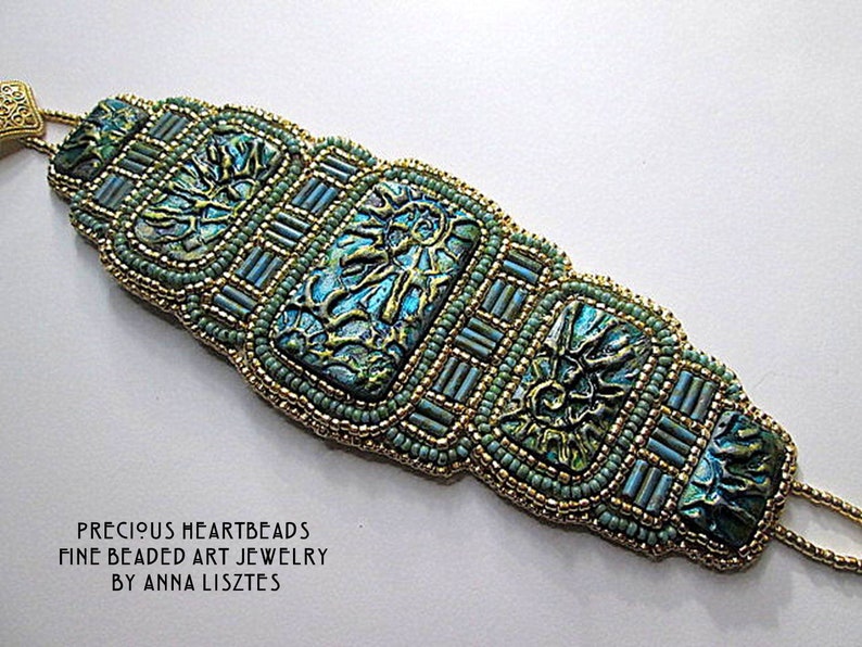 Sparkling Spirals Bead Embroidery Bracelet Cuff KIT DIY limited edition Turquoise Teal Gold image 9