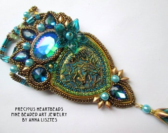 KIT - DIY Bead Embroidery Necklace - Beading Pattern (Instruction and Materials) - Avatar - Metkayina - Turquoise Green Gold